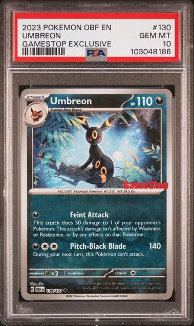 Carta Pokémon Umbreon · Obsidian Flames #130/197 (PSA 10) — pieza única en Moon's Collectibles México