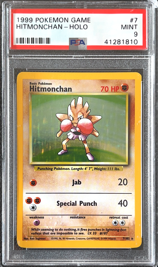 Carta Pokémon Hitmonchan · Base #7/102 (PSA 9) — pieza única en Moon's Collectibles México