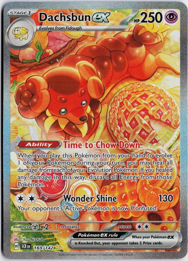 Carta Pokémon Dachsbun ex · Stellar Crown #169/142 (NM) — pieza única en Moon's Collectibles México