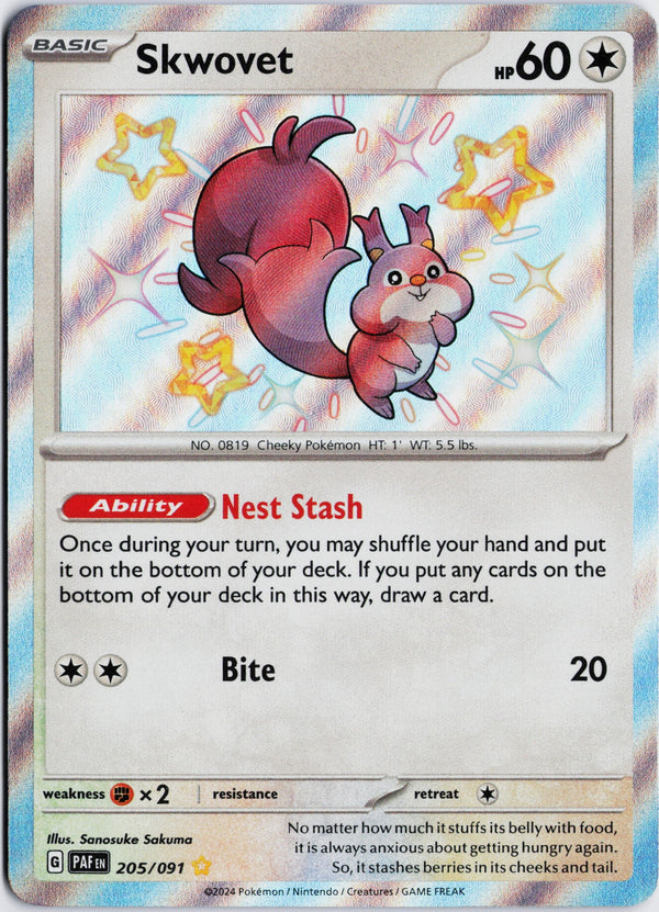 Carta Pokémon Skwovet · Paldean Fates #205/091 (NM) — pieza única en Moon's Collectibles México