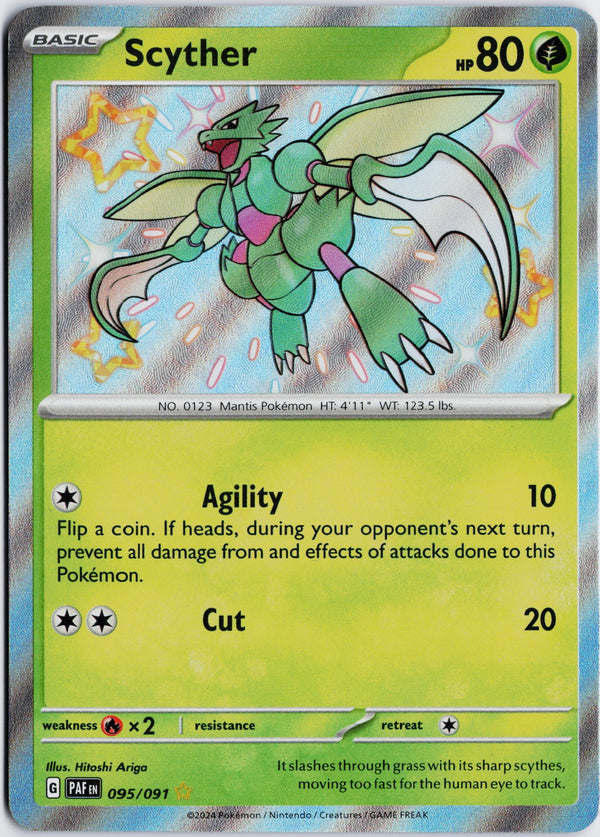 Carta Pokémon Scyther · Paldean Fates #095/091 (LP) — pieza única en Moon's Collectibles México
