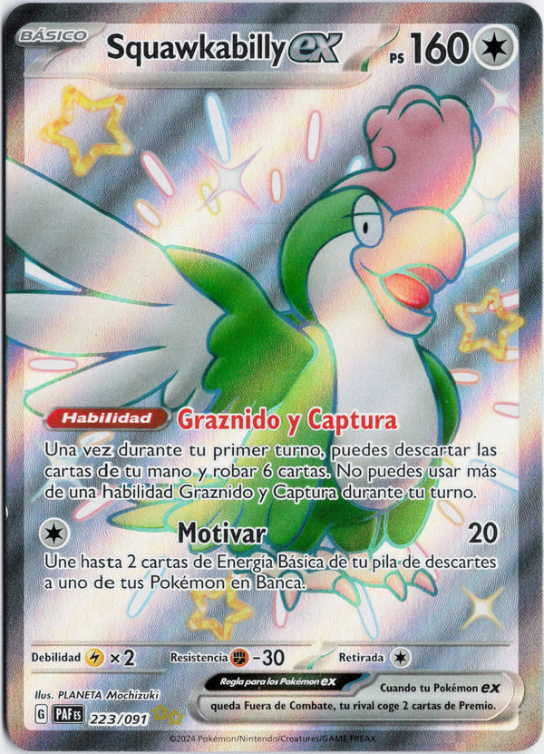 Carta Pokémon Squawkabilly ex · Paldean Fates #223/091 (NM) — pieza única en Moon's Collectibles México