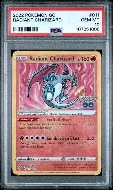 Carta Pokémon Radiant Charizard · Pokémon GO #011/078 (PSA 10) — pieza única en Moon's Collectibles México