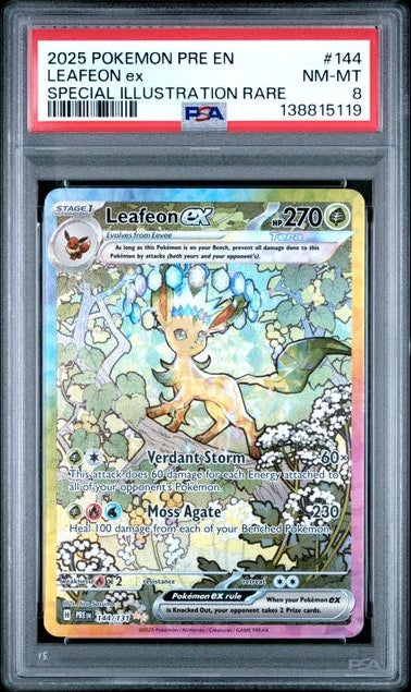 Carta Pokémon Leafeon ex · Prismatic Evolutions #144/131 (PSA 8) — pieza única en Moon's Collectibles México