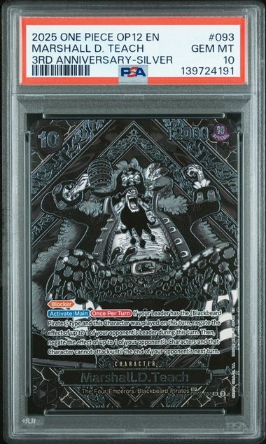 Carta Pokémon Marshall.D.Teach · Legacy of the Master #OP12-093 (PSA 10) — pieza única en Moon's Collectibles México