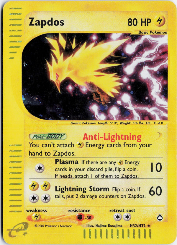 Carta Pokémon Zapdos · Aquapolis #H32/H32 (MP) — pieza única en Moon's Collectibles México