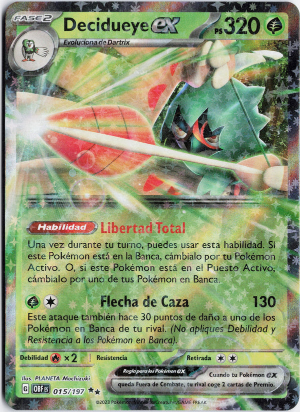 Carta Pokémon Decidueye ex · Obsidian Flames #015/197 (NM) — pieza única en Moon's Collectibles México
