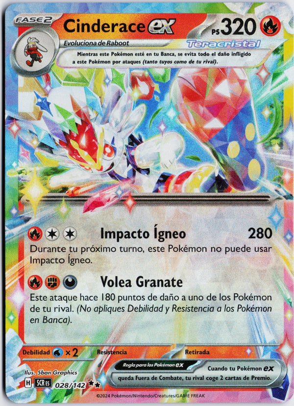 Carta Pokémon Cinderace ex · Stellar Crown #028/142 (NM) — pieza única en Moon's Collectibles México