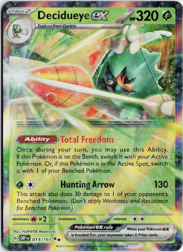 Carta Pokémon Decidueye ex · Obsidian Flames #015/197 (NM) — pieza única en Moon's Collectibles México