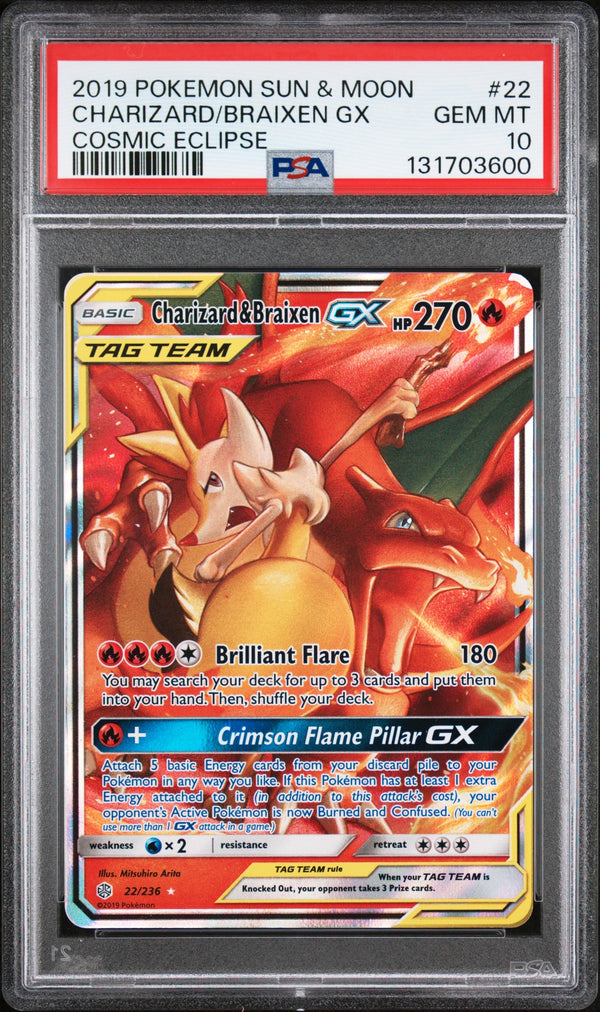 Carta Pokémon Charizard & Braixen-GX · Cosmic Eclipse #22/236 (PSA 10) — pieza única en Moon's Collectibles México