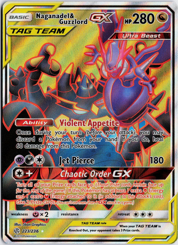 Carta Pokémon Naganadel & Guzzlord-GX · Cosmic Eclipse #223/236 (NM) — pieza única en Moon's Collectibles México