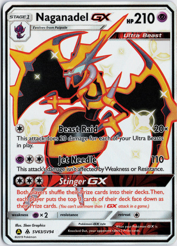 Carta Pokémon Naganadel-GX · Hidden Fates Shiny Vault #SV63/SV94 (NM) — pieza única en Moon's Collectibles México