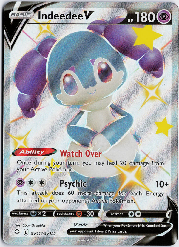 Carta Pokémon Indeedee V · Shining Fates Shiny Vault #SV114/SV122 (NM) — pieza única en Moon's Collectibles México