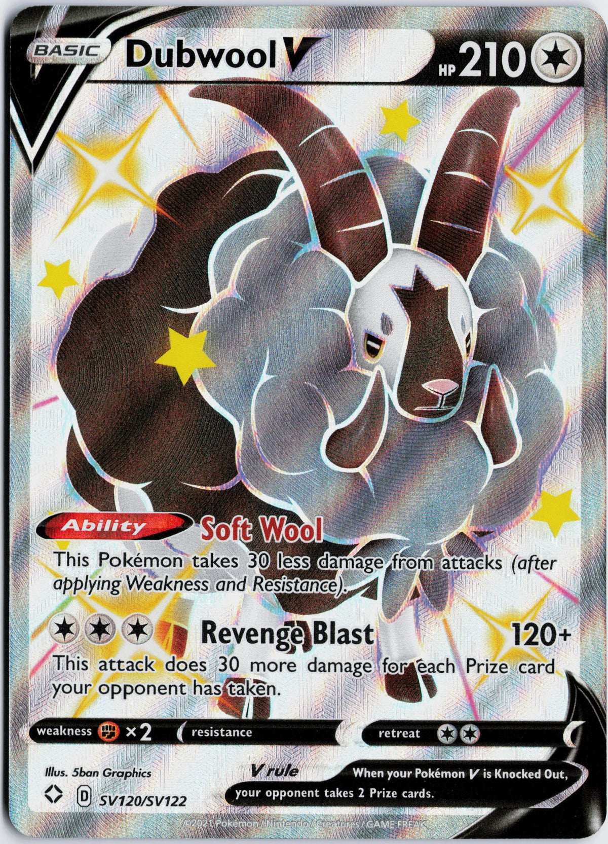Escaneo HD del frente de Dubwool V · Shining Fates Shiny Vault #SV120/SV122 en condición NM