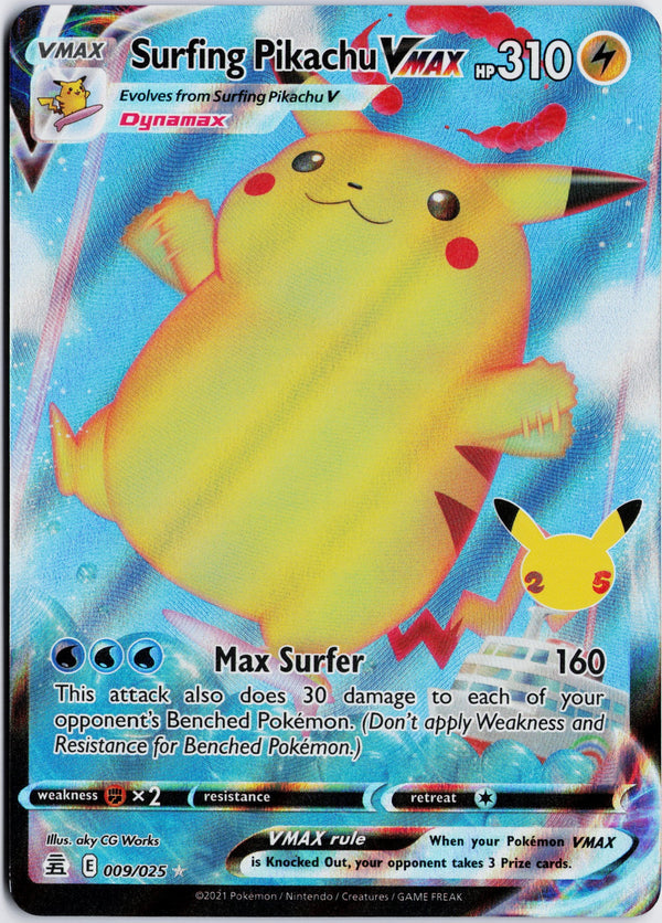 Carta Pokémon Surfing Pikachu VMAX · Celebrations #9 (NM) — pieza única en Moon's Collectibles México