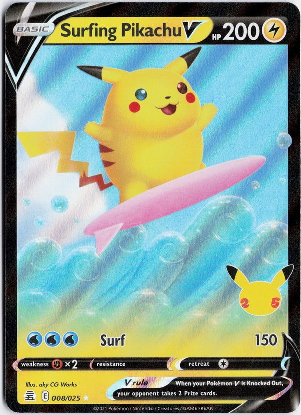 Carta Pokémon Surfing Pikachu V · Celebrations #8 (NM) — pieza única en Moon's Collectibles México