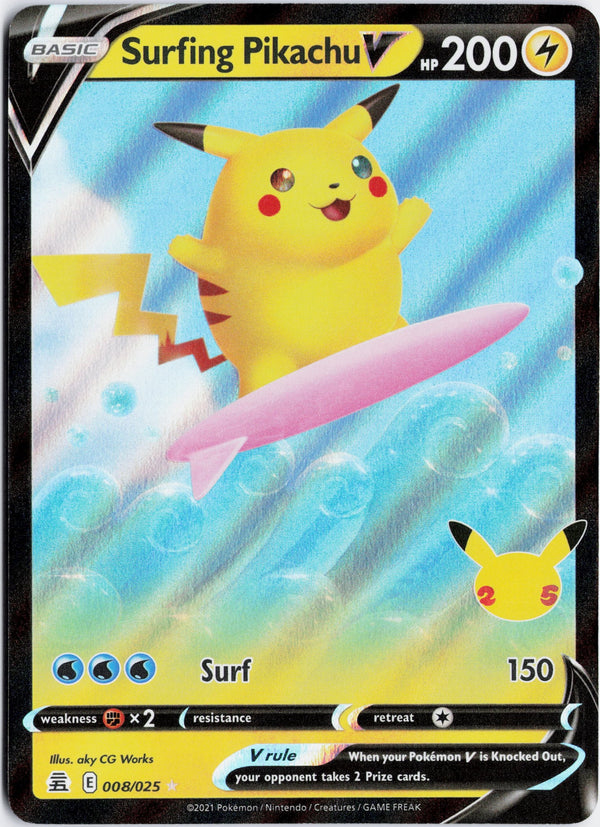 Carta Pokémon Surfing Pikachu V · Celebrations #8 (NM) — pieza única en Moon's Collectibles México