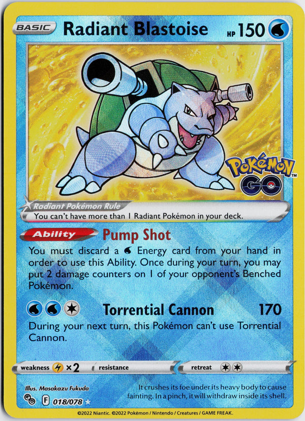 Carta Pokémon Radiant Blastoise · Pokémon GO #018/078 (NM) — pieza única en Moon's Collectibles México