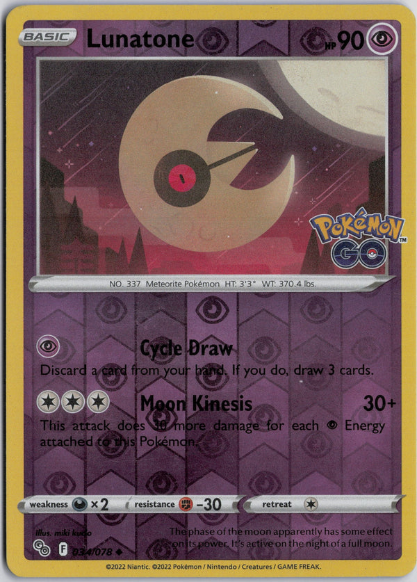 Carta Pokémon Lunatone · Pokémon GO #034/078 (NM) — pieza única en Moon's Collectibles México