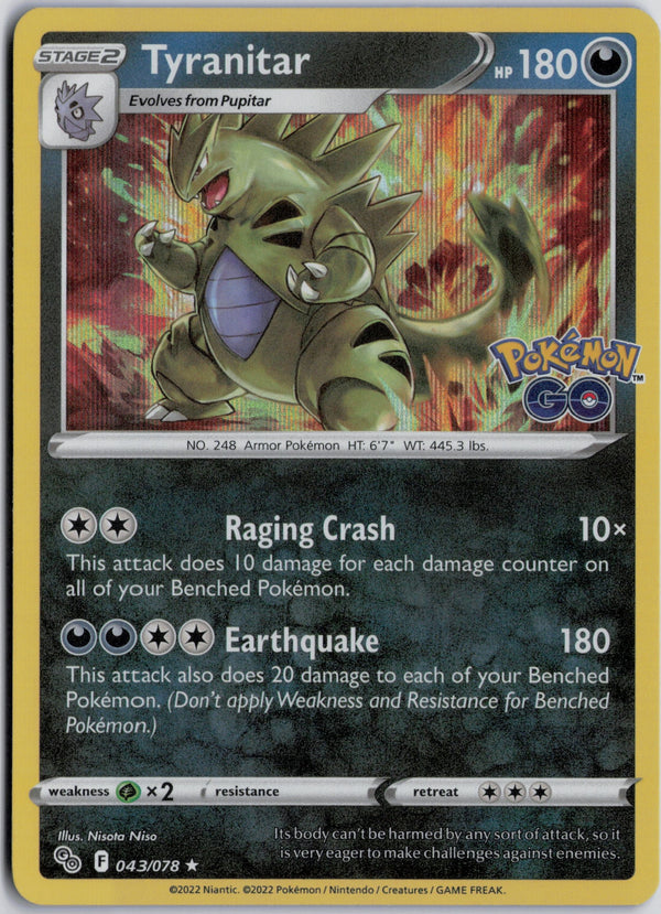 Carta Pokémon Tyranitar · Pokémon GO #043/078 (NM) — pieza única en Moon's Collectibles México