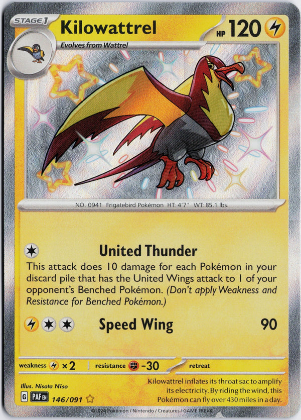 Carta Pokémon Kilowattrel · Paldean Fates #146/091 (NM) — pieza única en Moon's Collectibles México