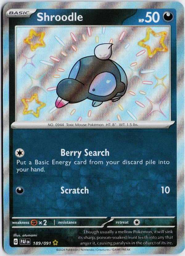 Carta Pokémon Shroodle · Paldean Fates #189/091 (NM) — pieza única en Moon's Collectibles México