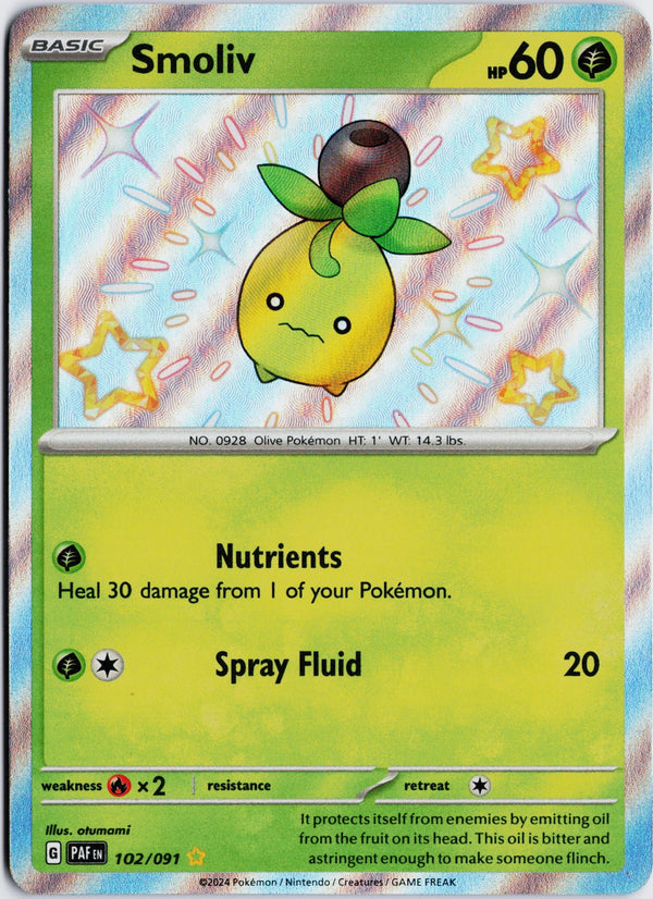 Carta Pokémon Smoliv · Paldean Fates #102/091 (NM) — pieza única en Moon's Collectibles México