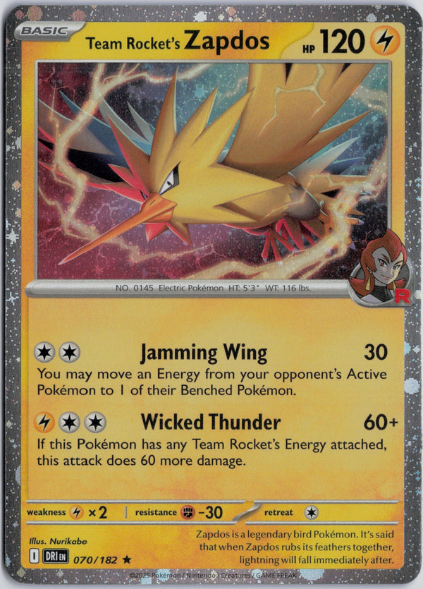Carta Pokémon Team Rocket's Zapdos · Destined Rivals #070/182 (NM) — pieza única en Moon's Collectibles México