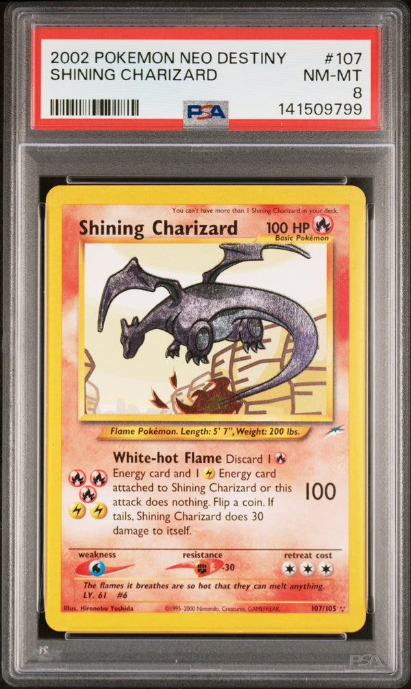Carta Pokémon Shining Charizard · Neo Destiny #107/105 (PSA 8) — pieza única en Moon's Collectibles México