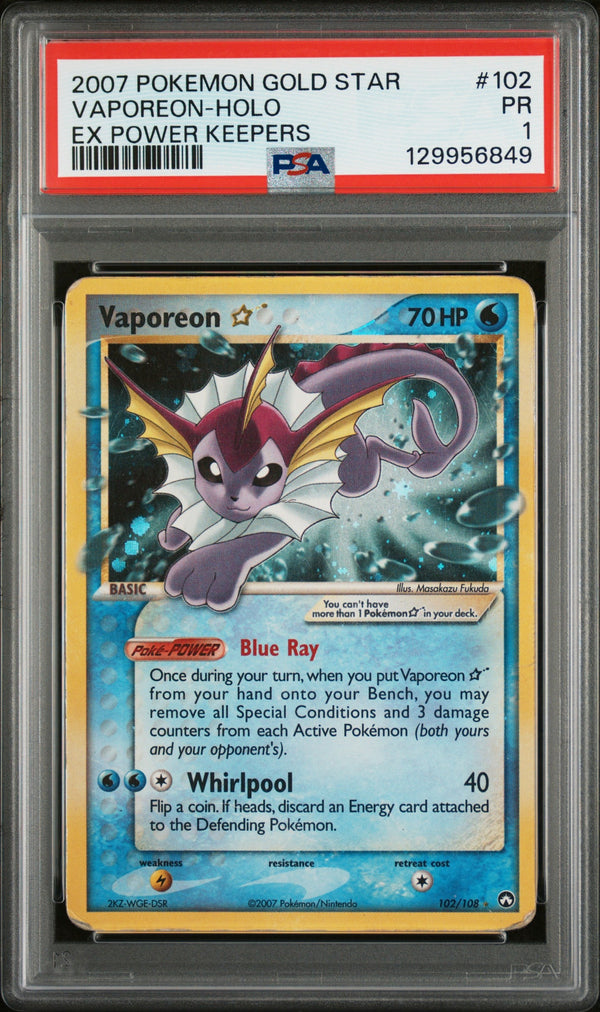 Carta Pokémon Vaporeon ☆ · Power Keepers #102/108 (PSA 1) — pieza única en Moon's Collectibles México