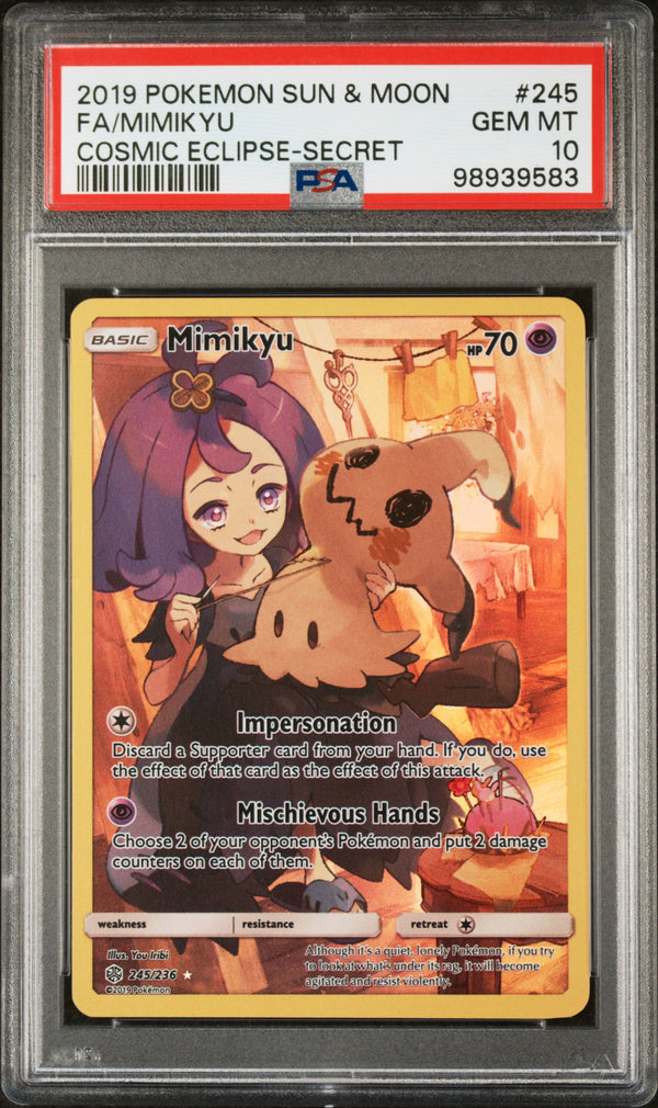 Carta Pokémon Mimikyu · Cosmic Eclipse #245/236 (PSA 10) — pieza única en Moon's Collectibles México