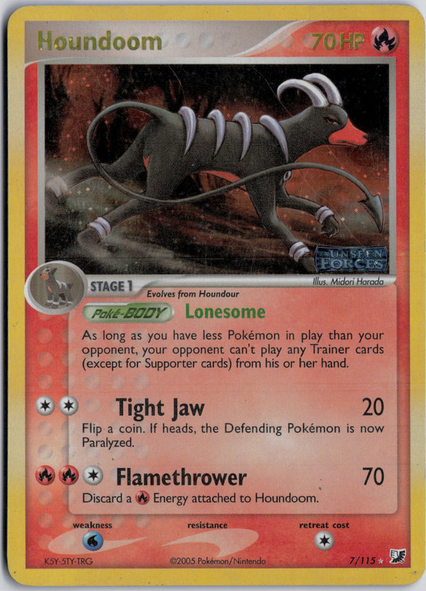 Carta Pokémon Houndoom · Unseen Forces #7/115 (LP) — pieza única en Moon's Collectibles México