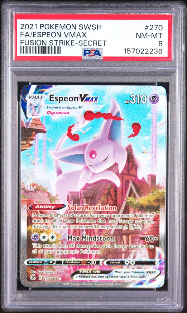 Carta Pokémon Espeon VMAX · Fusion Strike #270/264 (PSA 8) — pieza única en Moon's Collectibles México