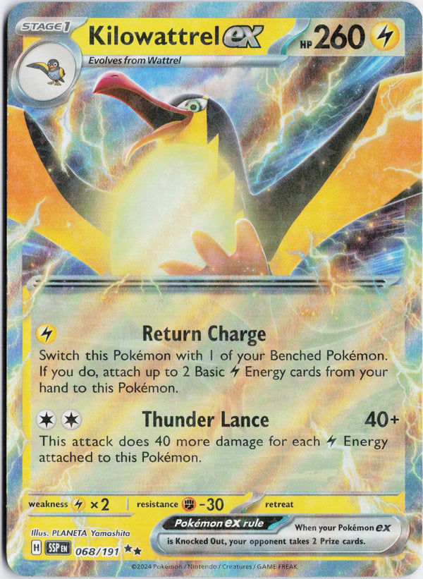 Carta Pokémon Kilowattrel ex · Surging Sparks #068/191 (NM) — pieza única en Moon's Collectibles México