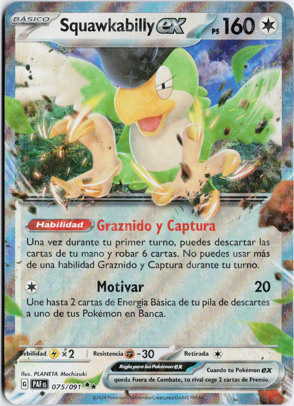 Carta Pokémon Squawkabilly ex · Paldean Fates #075/091 (NM) — pieza única en Moon's Collectibles México