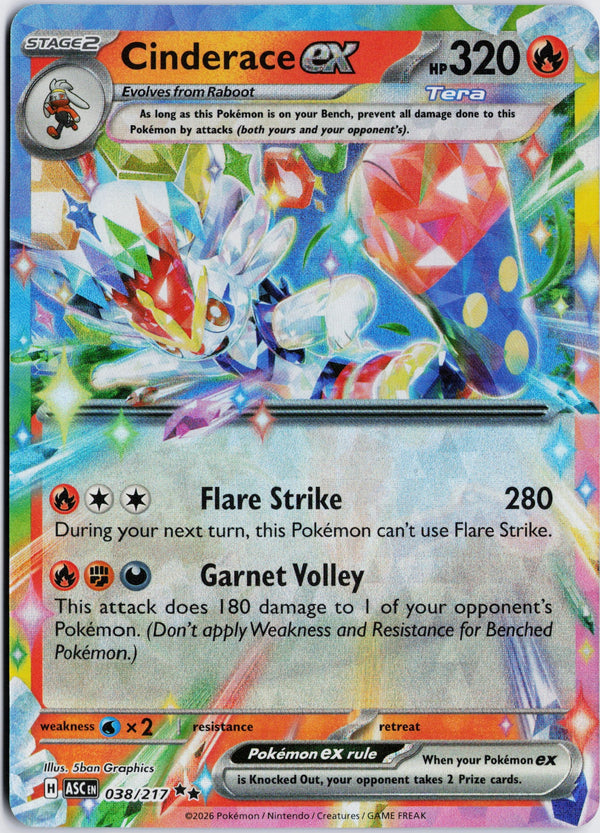 Carta Pokémon Cinderace ex · Ascended Heroes #038/217 (NM) — pieza única en Moon's Collectibles México