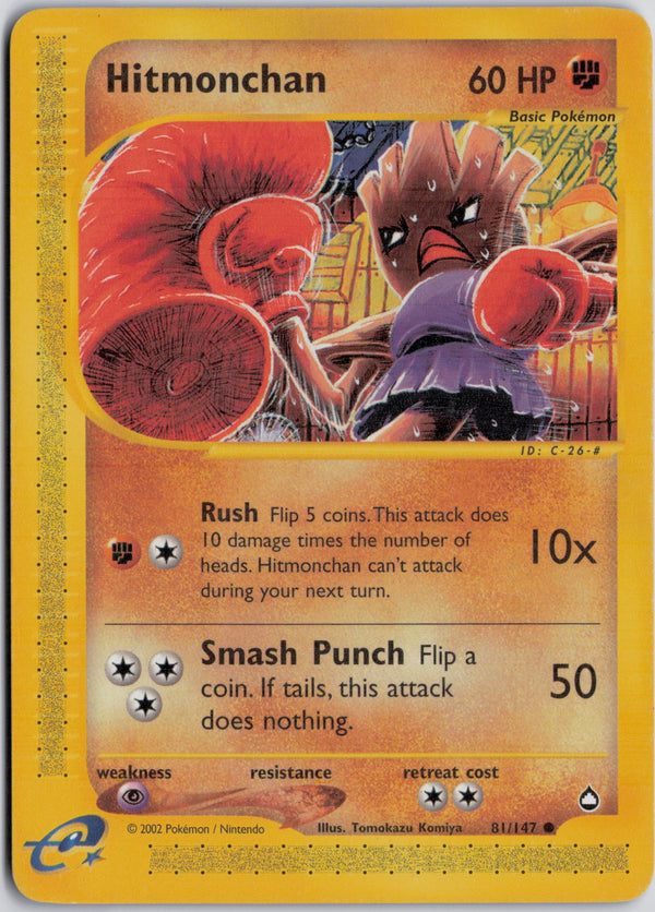 Carta Pokémon Hitmonchan · Aquapolis #81/147 (NM) — pieza única en Moon's Collectibles México