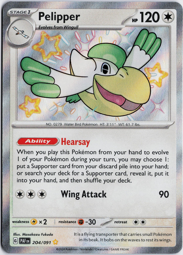 Carta Pokémon Pelipper · Paldean Fates #204/091 (NM) — pieza única en Moon's Collectibles México