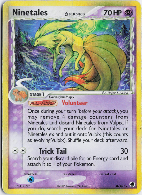 Carta Pokémon Ninetales δ · Dragon Frontiers #8/101 (LP) — pieza única en Moon's Collectibles México