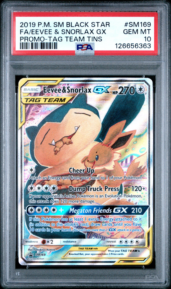 Carta Pokémon Eevee & Snorlax-GX · SM Black Star Promos #SM169 (PSA 10) — pieza única en Moon's Collectibles México