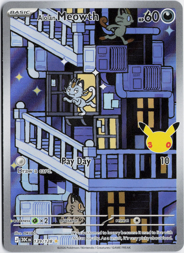 Carta Pokémon Alolan Meowth · 30th Celebration #139/128 (NM) — pieza única en Moon's Collectibles México