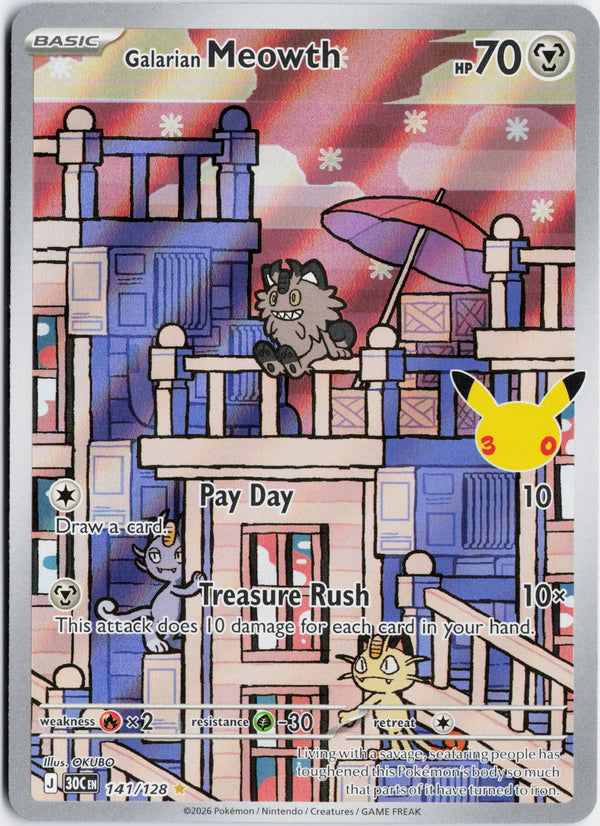 Carta Pokémon Galarian Meowth · 30th Celebration #141/128 (NM) — pieza única en Moon's Collectibles México