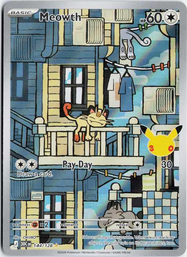 Carta Pokémon Meowth · 30th Celebration #144/128 (NM) — pieza única en Moon's Collectibles México
