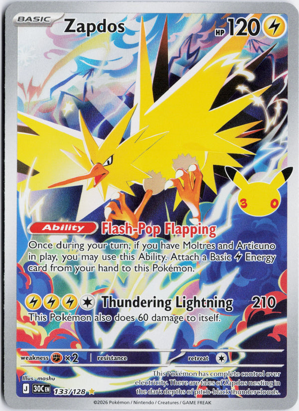 Carta Pokémon Zapdos · 30th Celebration #133/128 (NM) — pieza única en Moon's Collectibles México