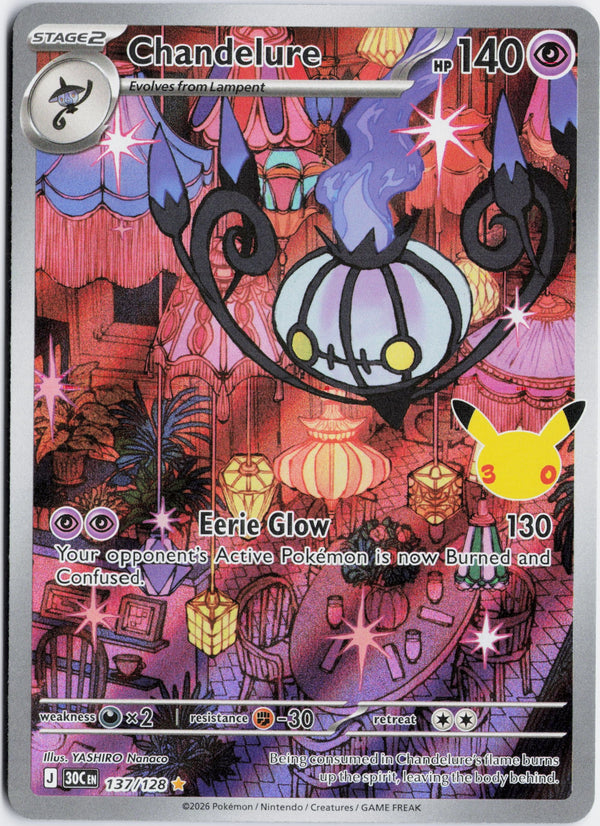 Carta Pokémon Chandelure · 30th Celebration #137/128 (NM) — pieza única en Moon's Collectibles México