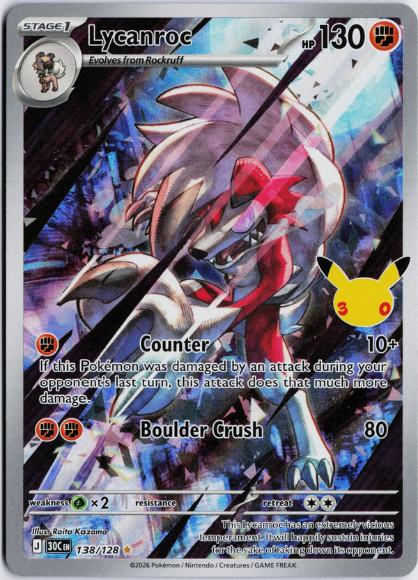 Carta Pokémon Lycanroc · 30th Celebration #138/128 (NM) — pieza única en Moon's Collectibles México