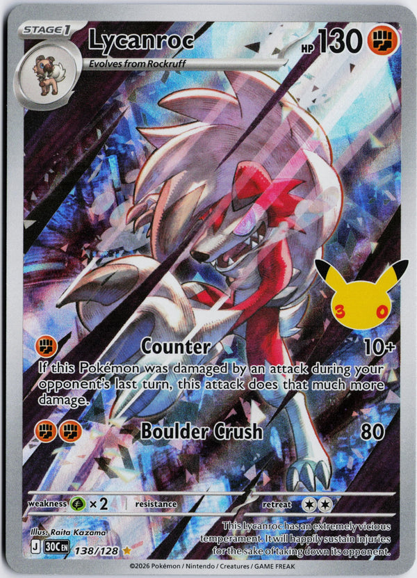 Carta Pokémon Lycanroc · 30th Celebration #138/128 (NM) — pieza única en Moon's Collectibles México