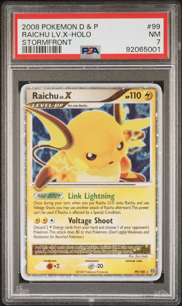 Carta Pokémon Raichu LV.X · Stormfront #99/100 (PSA 7) — pieza única en Moon's Collectibles México