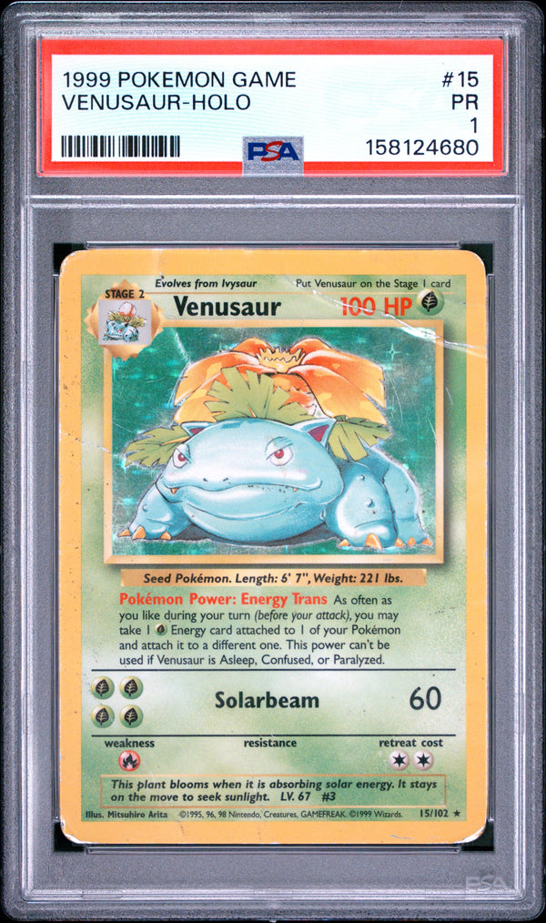 Carta Pokémon Venusaur · Base #15/102 (PSA 1) — pieza única en Moon's Collectibles México