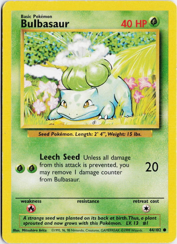 Escaneo HD del frente de Bulbasaur · Base #44/102 en condición MP